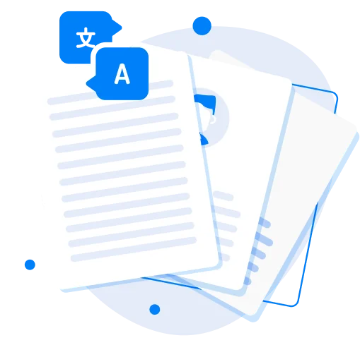 Illustration of translated documents and language symbols